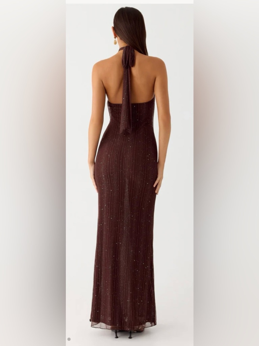 Peppermayo Chocolate Brown Beaded Backless Halter Gown - Picture 2 of 5